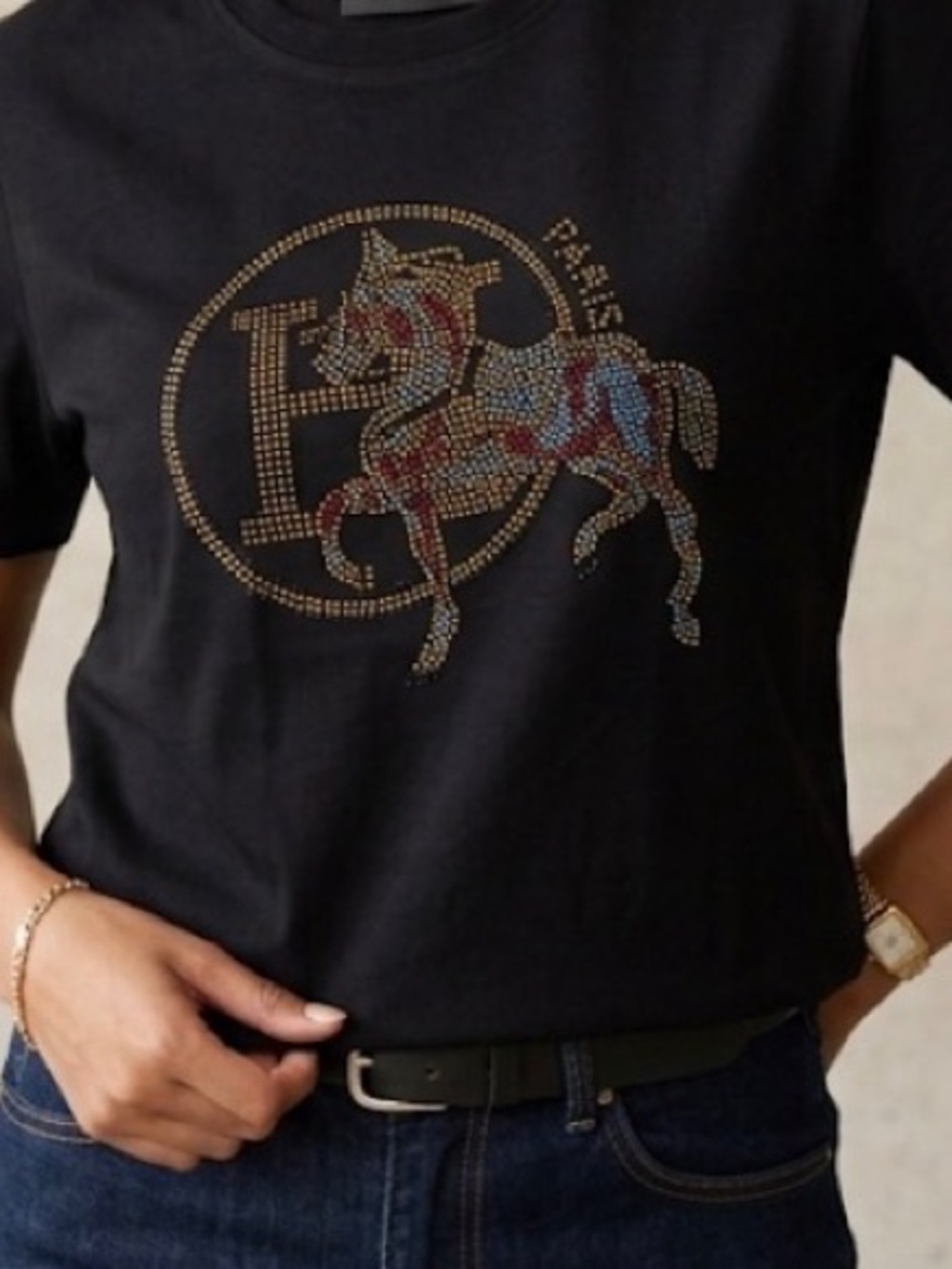 Black Short Sleeve Rhinestone Horse Logo Tee